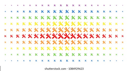 Tools icon spectrum halftone pattern. Vector tools symbols are arranged into halftone matrix with vertical rainbow colors gradient. Designed for backgrounds, covers, templates and abstract effects.