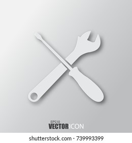 Tools icon in white style with shadow isolated on grey background. For your design, logo. Vector illustration.