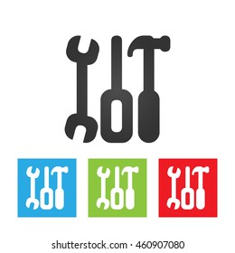 Tools icon. Wrench, screwdriver and hammer. Simple logo of tools isolated on white background. Flat vector illustration.