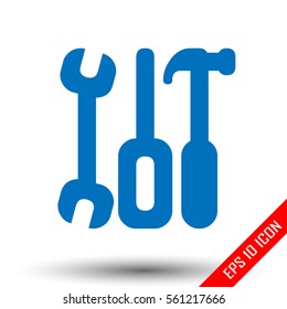 Tools icon. Wrench, screwdriver and hammer. Simple flat logo of tools isolated on white background. Vector illustration.