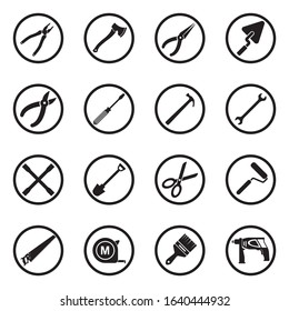 Tools Icons. Black Flat Design In Circle. Vector Illustration.