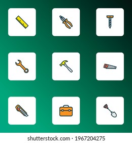 Tools icons colored line set with pliers, wrench, ruler and other carpentry elements. Isolated vector illustration tools icons.
