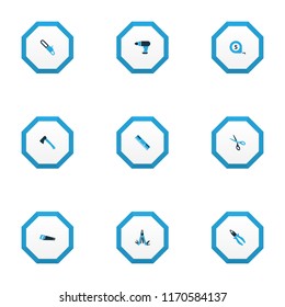 Tools icons colored set with chainsaw, scissors, measurement and other multifunctional pocket elements. Isolated vector illustration tools icons.