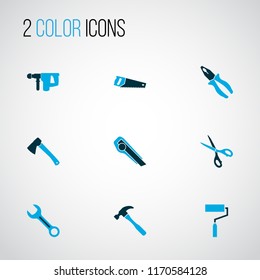 Tools icons colored set with hatchet, scissors, utility knife and other spanner elements. Isolated vector illustration tools icons.