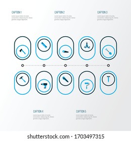 Tools icons colored set with hatchet, measurement, shovel and other cutter elements. Isolated vector illustration tools icons.
