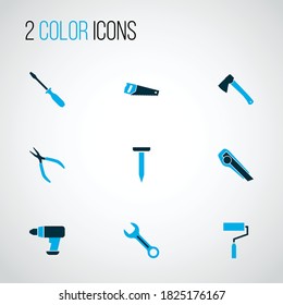 Symbole, die mit Nageln, Klemmen, Schraubenziehern und anderen Bolzenelementen gefärbt sind. Icons von Vektorgrafik-Tools einzeln.
