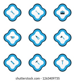 Tools icons colored set with shovel, pliers, wrench and other clamp elements. Isolated vector illustration tools icons.