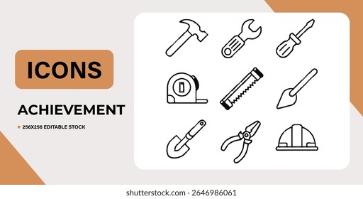 ferramentas, ícones, construção, hardware, martelo, chave de fenda, chave de fenda, fita, medida, serra, toalha, pá, alicate, capacete, reparação, construção, trabalho, indústria, diy, casa, melhoria, ilustração, ícone, conjunto