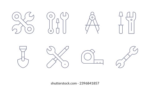 Tools icons. Editable stroke. Containing wrench, shovel, repair tools, tool, compass, measure tape, instruments.