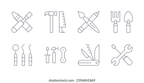 Tools icons. Editable stroke. Containing tools, dentist tools, paint, swiss knife, gardening tools.