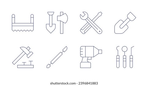 Herramientas iconos. Trazo editable. Conteniendo sierra, martillo, herramientas, herramienta, conductor, mantenimiento, pala, dentista.