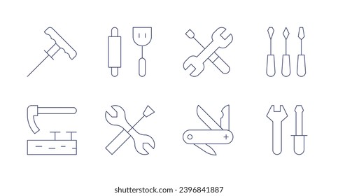 Tools icons. Editable stroke. Containing plugger, adze, kitchen tools, tools, swiss army knife, wrench, screwdriver. svg