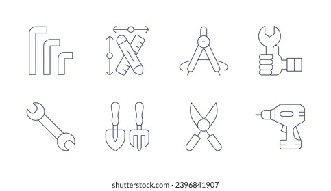 Tools icons. Editable stroke. Containing keys, wrench, edit tools, tools, compass, pruning shears, hammer drill.