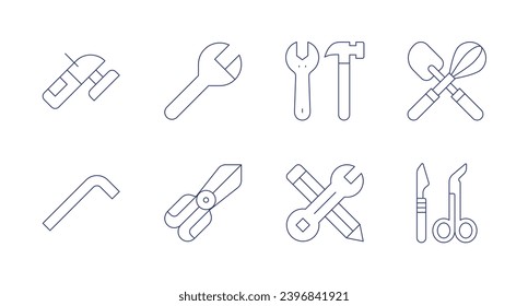 Herramientas iconos. Trazo editable. Conteniendo grinder, allen key, herramientas, construcción, herramientas creativas, whisk, herramientas quirúrgicas.