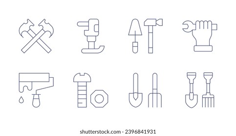 Tools icons. Editable stroke. Containing crossed hammers, paint roller, plate compactors, nut, tools, farming tools, wrench.