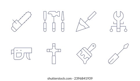 Tools icons. Editable stroke. Containing chainsaw, nail gun, tools, construction and tools, spade, brush, screwdriver, tool.