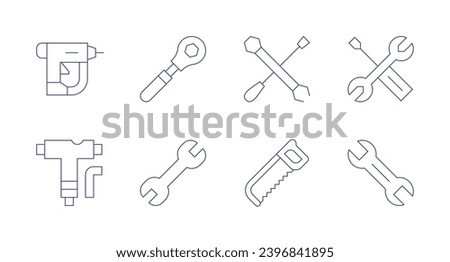 Tools icons. Editable stroke. Containing nail gun, skate, torque wrench, wrench, repair tools, hand saw, tools.