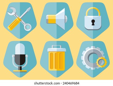 Tools icons in flat style megaphone and microphone, public speaker conferencing background