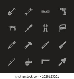 Tools icons - Gray symbol on black background. Simple illustration. Flat Vector Icon.