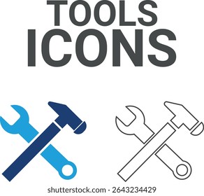Ícones de ferramentas, ícones de arte de linha Contendo correção, casa e reparação de carro, manutenção, caixa de ferramentas e ícones de serviço de reparador. Coleção de ícones do Solid. Ilustração vetorial.