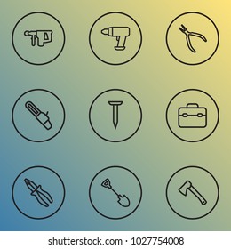Tools icons line style set with drill, electric instrument, clamp and other bolt elements. Isolated vector illustration tools icons.