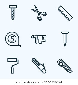Tools icons line style set with measurement, scissors, nail and other saw elements. Isolated vector illustration tools icons.