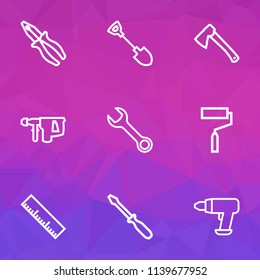 Tools icons line style set with roller brush, measurement, screwdriver and other spanner elements. Isolated vector illustration tools icons.