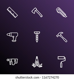 Tools icons line style set with hammer, measurement, hatchet and other multifunctional pocket elements. Isolated vector illustration tools icons.