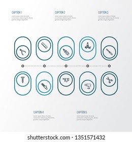 Tools icons line style set with electric instrument, chainsaw, bolt and other screw elements. Isolated vector illustration tools icons.