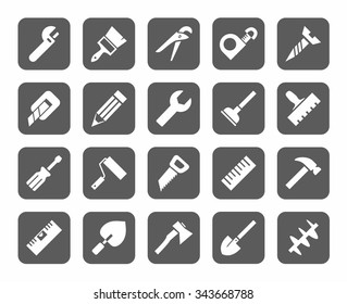 Tools, icons, monochromatic, gray. Vector icons of tools. White image on a gray background.  