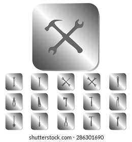 Tools icons on a steel button, vector illustration