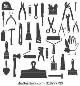 Tools Icons, repair tool. Set hand tools, silhouettes. Black icons isolated on white background