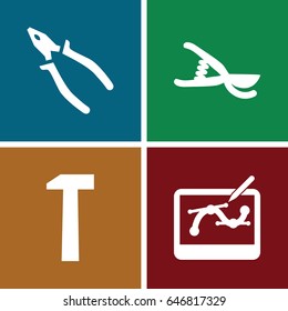 Tools icons set. set of 4 tools filled icons such as pliers, garden tools, pen tool on tablet