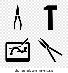 Tools icons set. set of 4 tools filled icons such as pliers, garden tools, pen tool on tablet