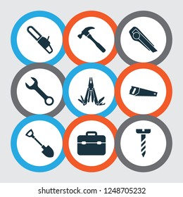Tools icons set with chainsaw, utility knife, toolbox and other repair elements. Isolated vector illustration tools icons.