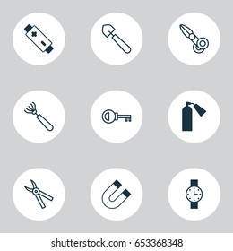 Tools Icons Set. Collection Of Alkaline, Clippers, Scoop And Other Elements. Also Includes Symbols Such As Rake, Watch, Battery.