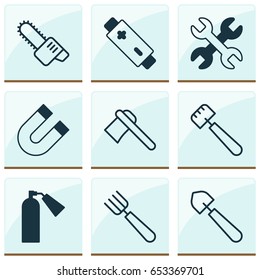 Tools Icons Set. Collection Of Attraction, Spatula, Garden Fork And Other Elements. Also Includes Symbols Such As Firefighter, Spatula, Tool.