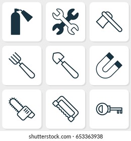 Tools Icons Set. Collection Of Carpentry, Firefighter, Attraction And Other Elements. Also Includes Symbols Such As Access, Tomahawk, Firefighter.