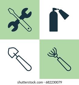 Tools Icons Set. Collection Of Firefighter, Harrow, Scoop And Other Elements. Also Includes Symbols Such As Fire, Firefighter, Repair.