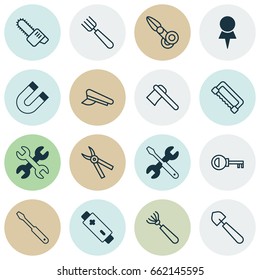 Tools Icons Set. Collection Of Garden Fork, Screwdriver With Wrench, Alkaline And Other Elements. Also Includes Symbols Such As Spanner, Access, Hat.