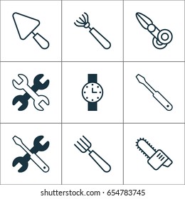 Tools Icons Set. Collection Of Harrow, Clippers, Spanner And Other Elements. Also Includes Symbols Such As Cutting, Scissors, Putty.