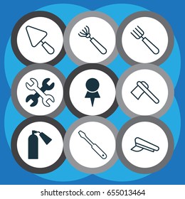 Tools Icons Set. Collection Of Harrow, Putty, Spanner And Other Elements. Also Includes Symbols Such As Firefighter, Screw, Tool.