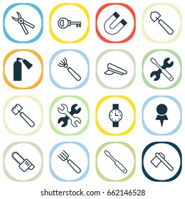 Tools Icons Set. Collection Of Harrow, Firefighter, Spatula And Other Elements. Also Includes Symbols Such As Magnet, Hatchet, Pitchfork.