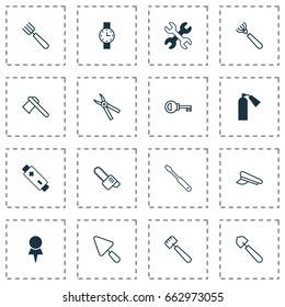 Tools Icons Set. Collection Of Harrow, Location, Spatula And Other Elements. Also Includes Symbols Such As Pin, Extinguisher, Firefighter.