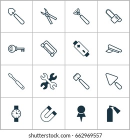 Tools Icons Set. Collection Of Location, Putty, Gasoline Cutter And Other Elements. Also Includes Symbols Such As Saw-Blade, Cutting, Pin.
