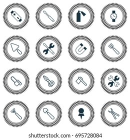 Tools Icons Set. Collection Of Location, Firefighter, Spanner And Other Elements. Also Includes Symbols Such As Rake, Clippers, Axe.
