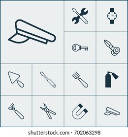 Tools Icons Set. Collection Of Password, Harrow, Firefighter And Other Elements. Also Includes Symbols Such As Trowel, Clock, Key.