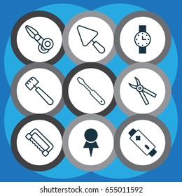 Tools Icons Set. Collection Of Pliers, Clippers, Alkaline And Other Elements. Also Includes Symbols Such As Spatula, Trowel, Location.