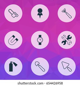 Tools Icons Set. Collection Of Putty, Firefighter, Attraction And Other Elements. Also Includes Symbols Such As Pitchfork, Trowel, Harrow.
