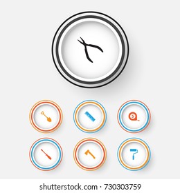 Tools Icons Set. Collection Of Ruler, Axe, Round Pliers And Other Elements. Also Includes Symbols Such As Clamp, Axe, Dig.